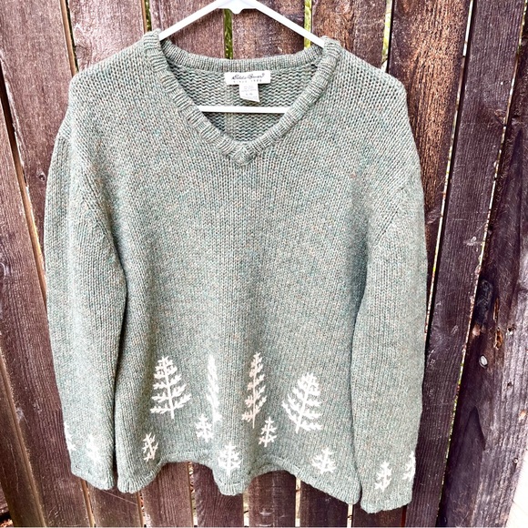 Eddie Bauer Green Wool Fair Isle Embroidery Chunky Knit V-Neck Sweater Sz L - Picture 5 of 15